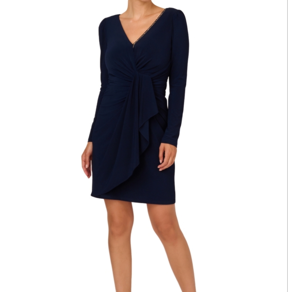 Adrianna Papell Women's Asymmetric Beaded V-Neck Dress - Midnight